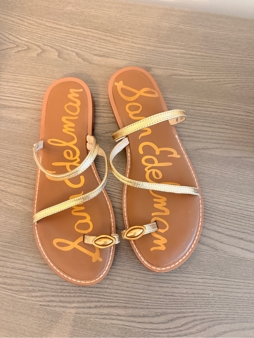 Sam Edelman Metallic Gold Strappy Toe-Ring Slide Sandals